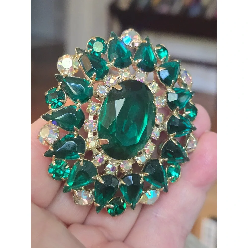 Green Brooch Rhinestone Statement Brooch Vintage Goldtone Mid-Century
